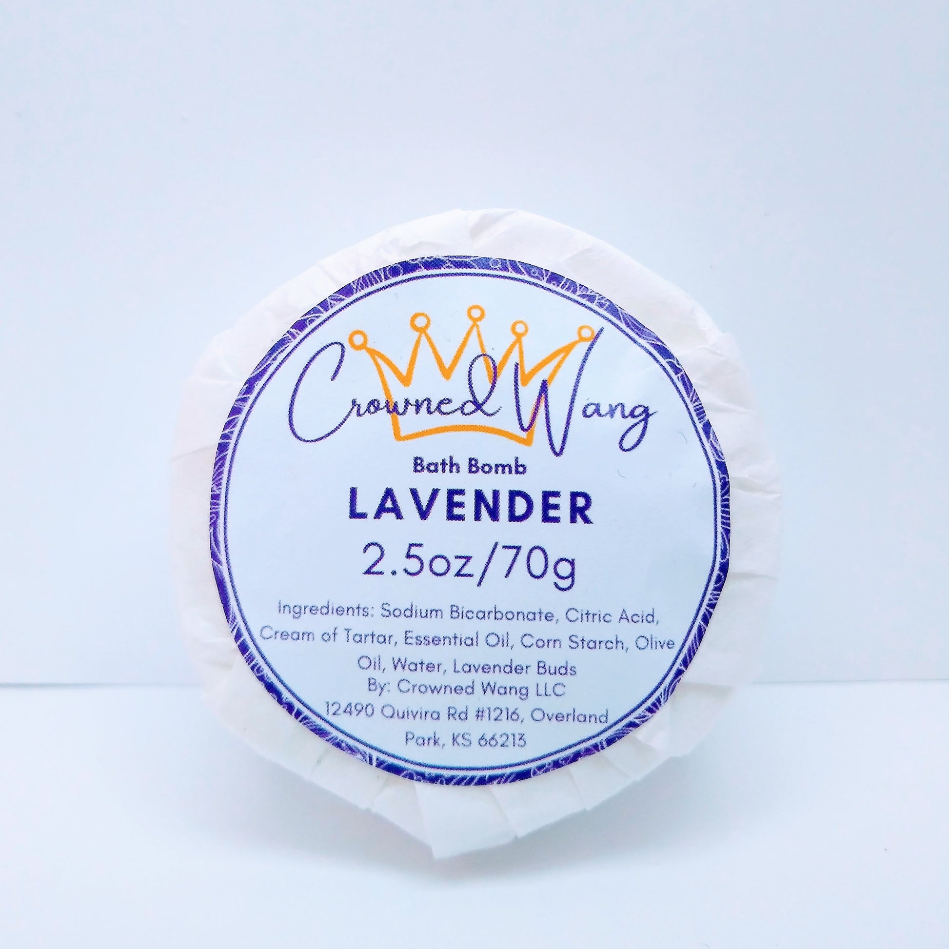 Crowned Wang brand 2.5oz lavender bath bomb with purple and white label. The label also includes a yellow crown outline.